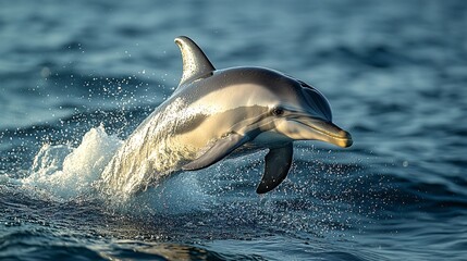 Naklejka premium Dolphin leaping out of the ocean waves against a backdrop of a bright blue sky and sparkling water. 