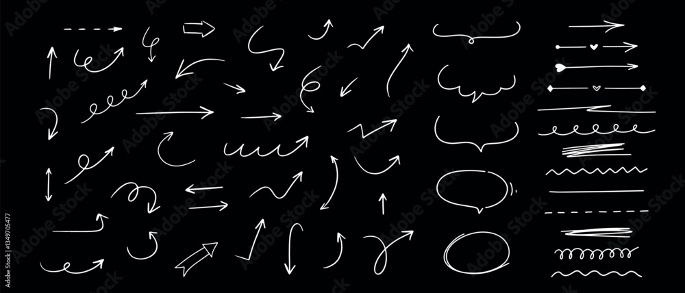 Poster hand drawn different line elements. doodle sketch style arrows, scribbles, speech bubbles and underl