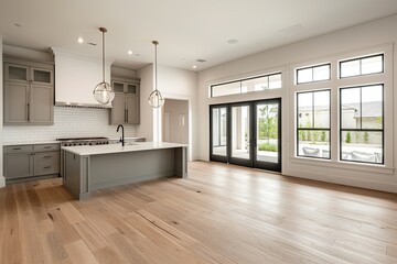 Modern kitchen, island, hardwood floors, patio view, home staging