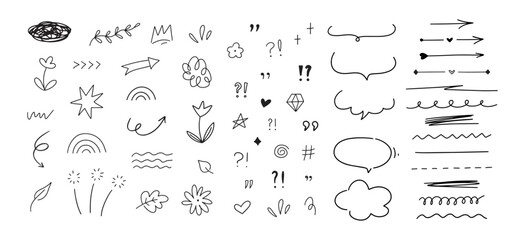 Hand drawn different simple line elements. Doodle sketch style arrows, scribbles, stars, speech bubbles and underlines. Vector grunge element set on white background.
