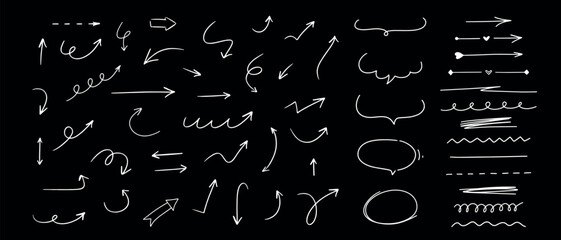 Hand drawn different line elements. Doodle sketch style arrows, scribbles, speech bubbles and underlines. Vector grunge element set on black background.
