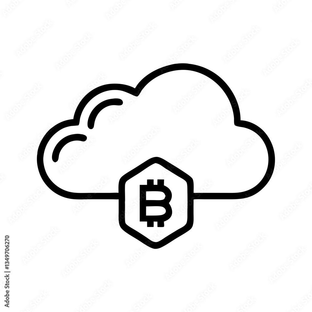 Poster simple black vector icon of cloud with bitcoin symbol for cryptocurrency and cloud technology repres