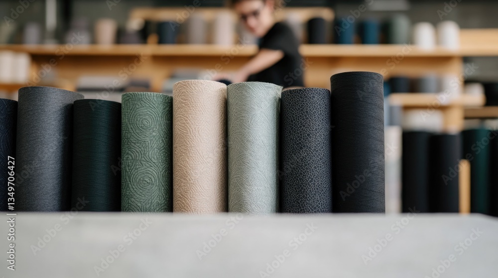 Poster fabric store associate displaying fabric rolls with intricate patterns framed by creative retail spa