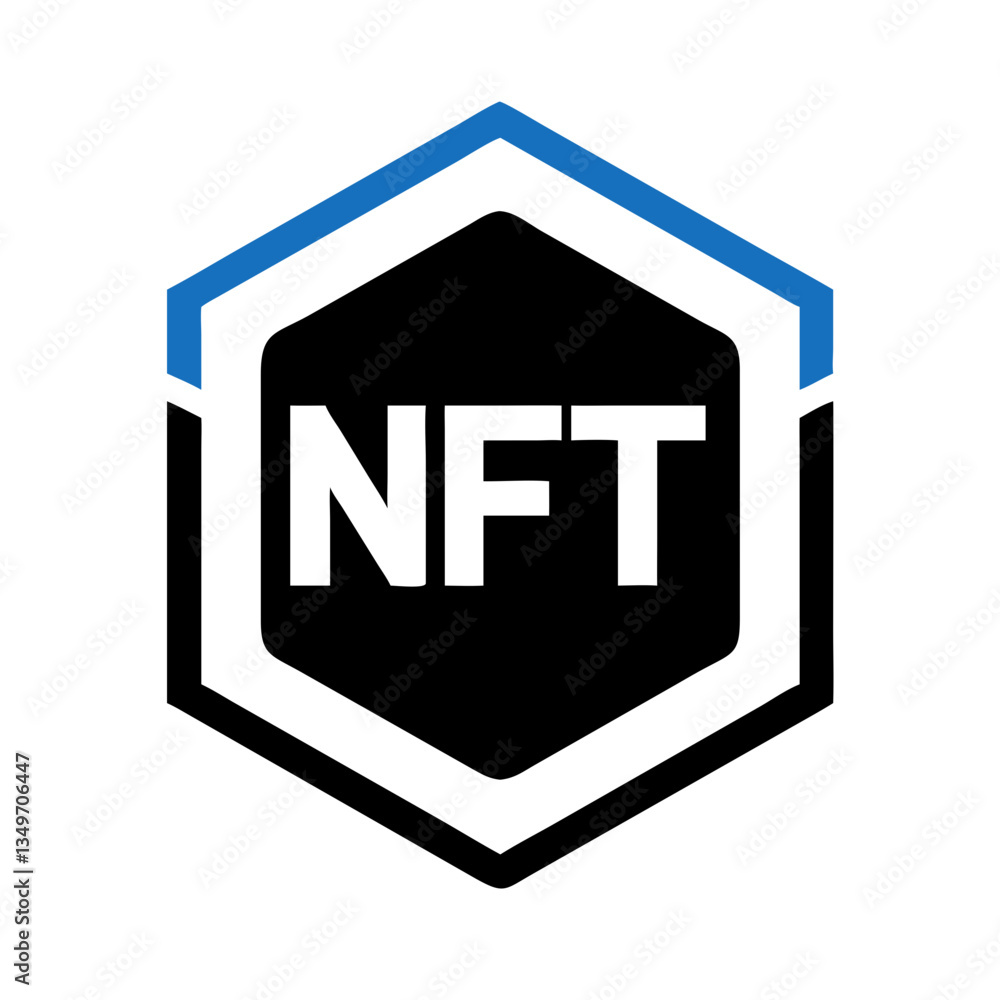 Poster black and blue vector nft icon with hexagonal shape and modern design for digital art collection