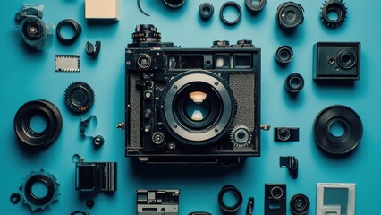 Fototapeta premium Vintage Camera and Photography Equipment Spread on Blue Background