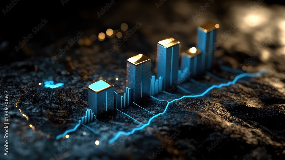 Poster abstract 3d chart visualization with glowing elements depicting financial growth trends over a textu