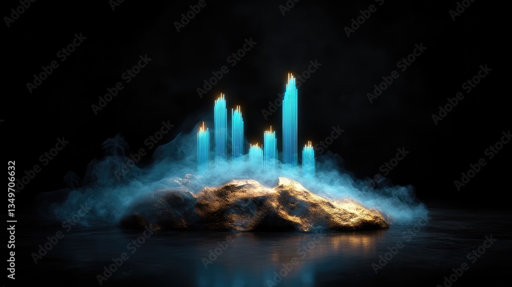 Poster glowing candles on a mysterious rock surrounded by ethereal fog, creating an enigmatic and tranquil 