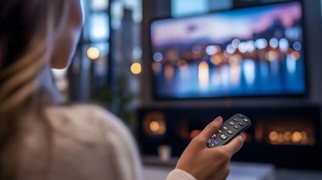 Businesswoman engaged in a remote control activity while enjoying a cozy evening in her stylish living room