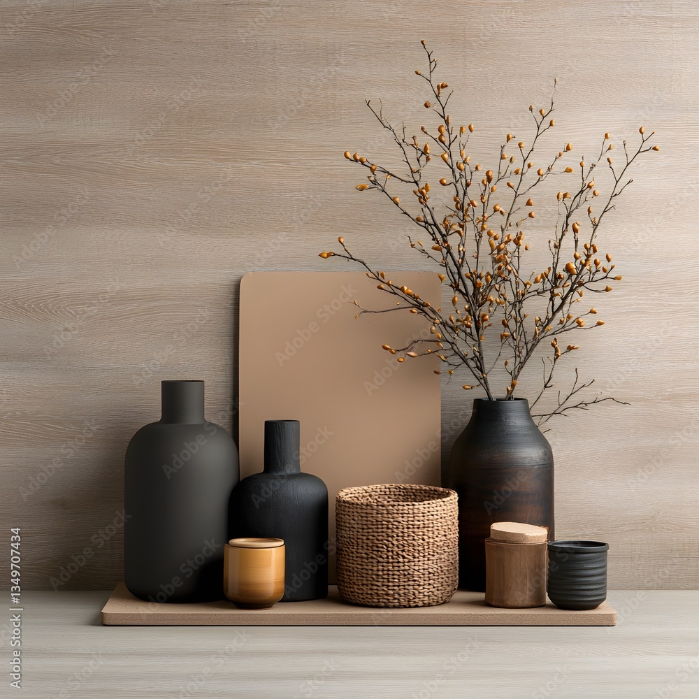 Poster curated assortment of cardboard crates wicker baskets and metal tins displayed on a light wooden bac