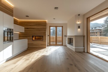 Modern kitchen, living room, mountain view, sunlight, interior design