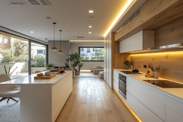 Modern kitchen, open-plan design, city view, warm lighting, home staging