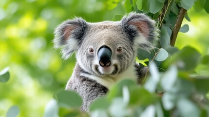 Fototapeta premium Cute koala looking directly at the camera while perched in a lush green eucalyptus tree during the day.