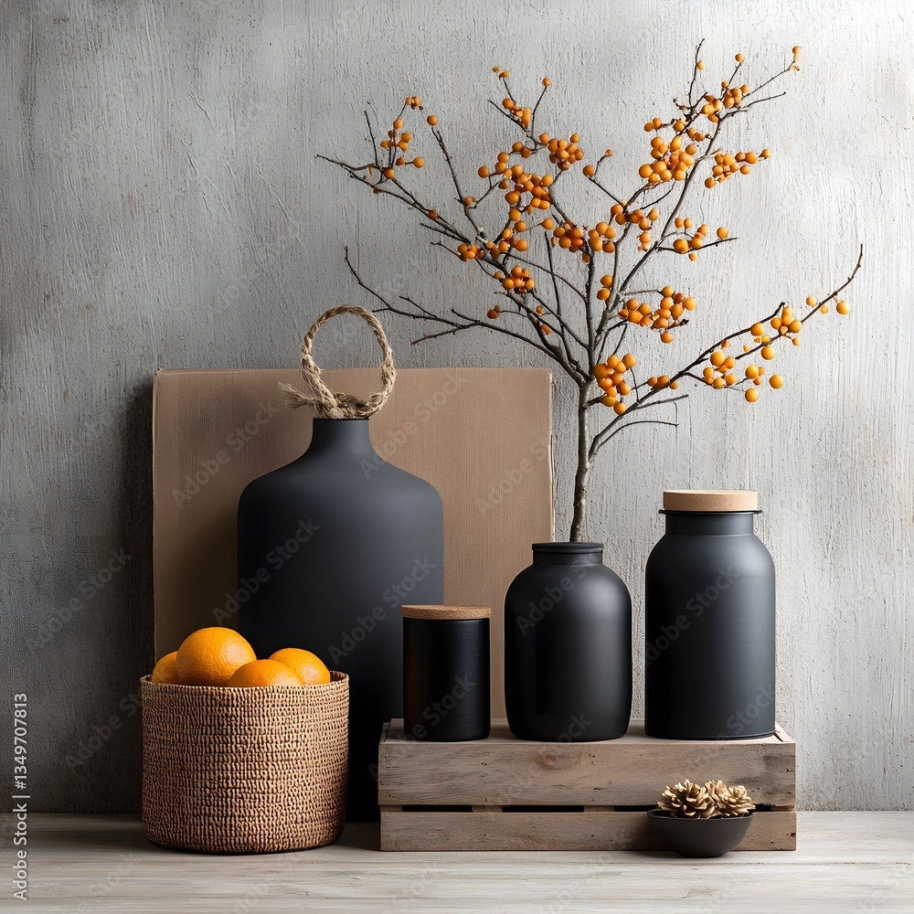 Poster curated assortment of various storage pieces including cardboard crates wicker baskets and metal tin