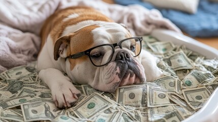 Playful Bulldog Relaxing on Pile of Cash in a Cozy Indoor Setting with Glasses, Conveys Wealth and Comfort in a Whimsical and Funny Scene