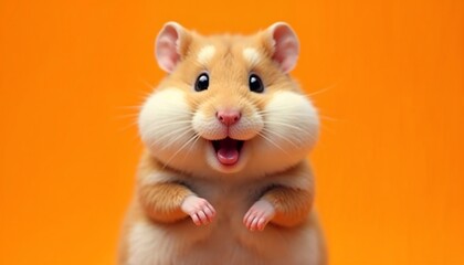 Happy Hamster Smiling on Orange Background