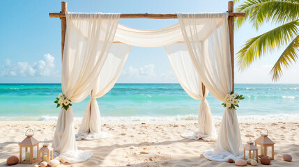 Dreamy beach wedding setup with white canopy and turquoise waves, romance