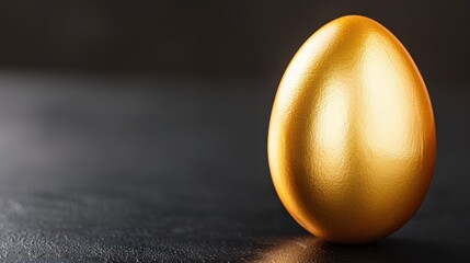 Golden Egg Standing Upright On A Smooth, Dark Table.