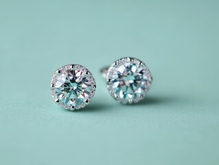 Doublelayered diamond studs featuring a starburst motif, isolated on a soft mint green surface