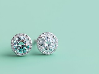 Doublelayered diamond studs featuring a starburst motif, isolated on a soft mint green surface