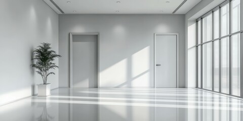 Fototapeta premium Bright modern interior with large windows and minimalist design in a spacious room