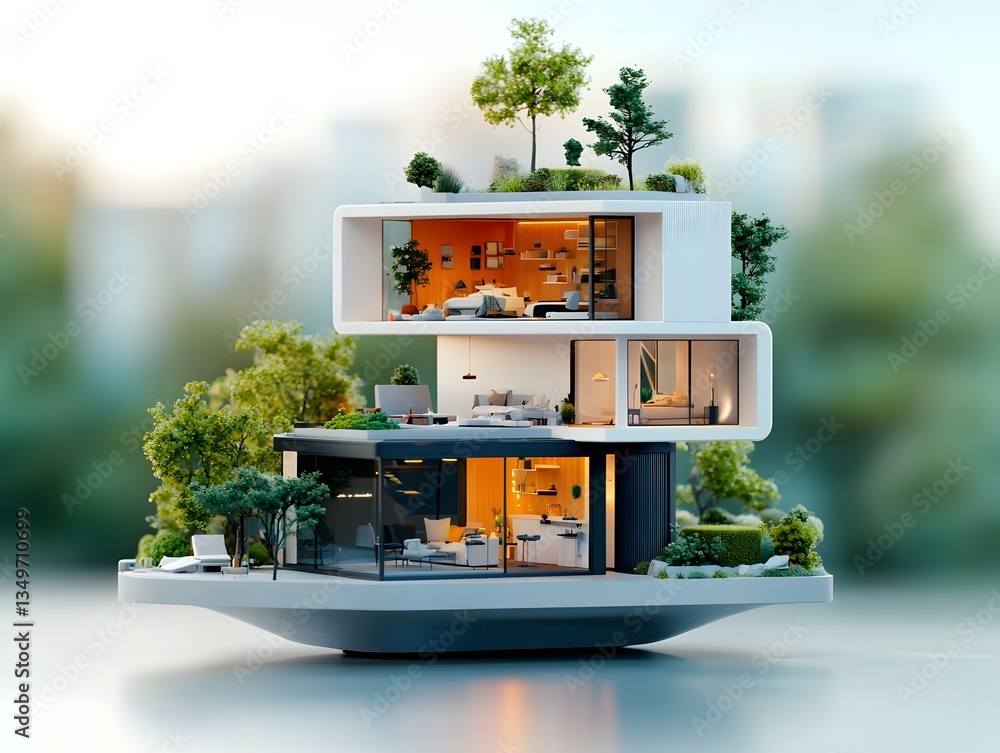 Poster cutaway 3d diagram showcasing a state of the art modular and adaptable smart home with advanced voic