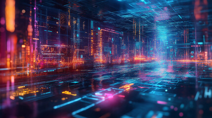 Digital technology background with glowing neon lights and holographic data streams. An abstract futuristic digital space concept with high-tech elements.