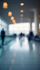 Generative AI Blurred Image of People Walking in a Modern Airport Terminal with Overhead Lighting