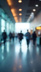 Generative AI image showcasing blurred people walking in a modern building hallway with a light, airy atmosphere