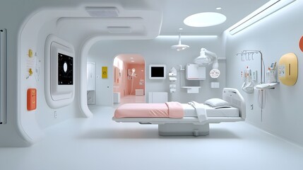 Cutting Edge Futuristic Hospital Design with Sleek Minimalist Aesthetic and Advanced Medical Technologies   3D Blueprint for a High Tech Hospital Facility Featuring Pristine Clinical Setting
