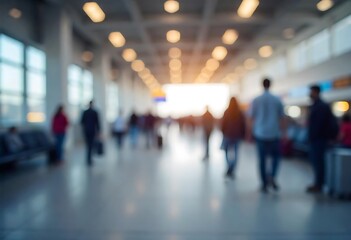Generative AI Blurred Passengers Walking at Airport Terminal with Bokeh Lights