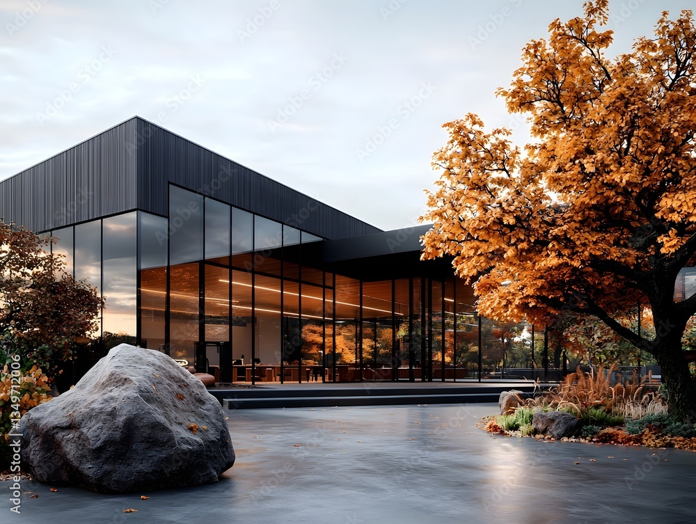 Poster detailed 3d rendering of a multi purpose community hub with a sleek and contemporary architectural s