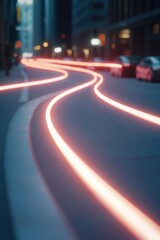 futuristic city street where glowing neon lines trace movement of electric vehicles representing invisible flow of