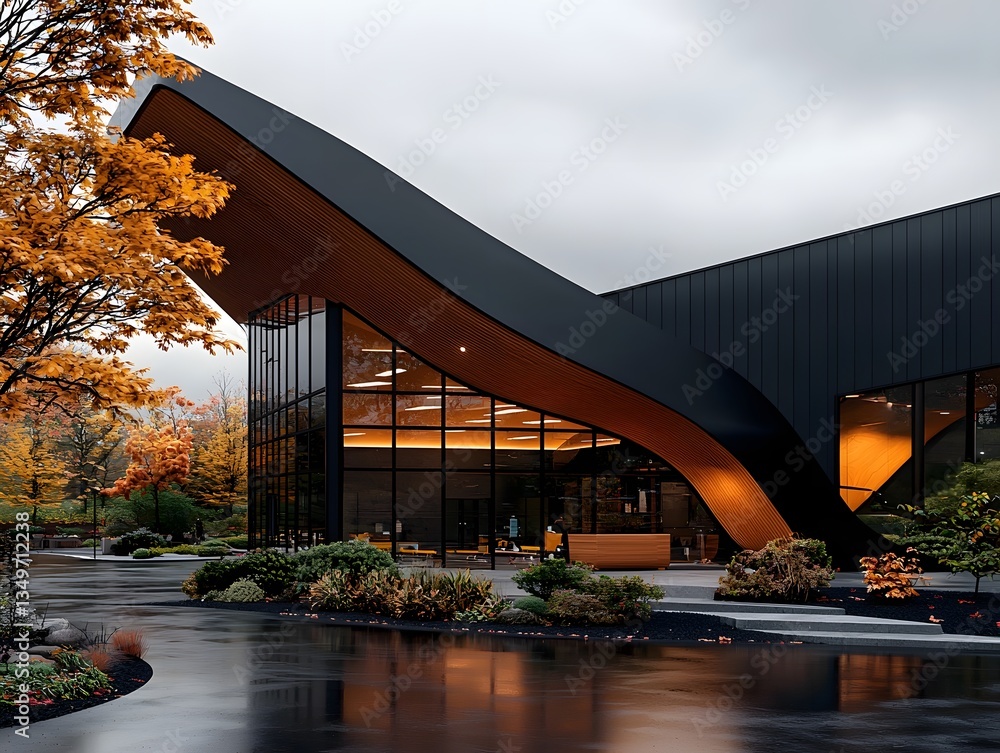 Poster detailed 3d rendering of a sleek and contemporary multi purpose community hub with a modular and ada