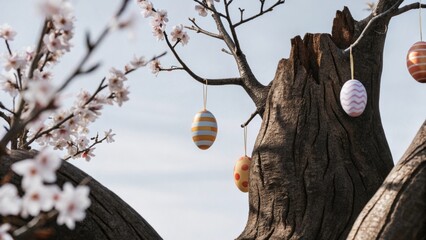A tree with Easter eggs hanging from its branches