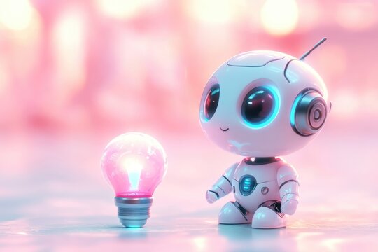 A cute robot contemplates a glowing lightbulb, symbolizing innovation and creative solutions in a futuristic setting.