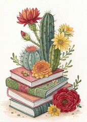 Creative watercolor illustration celebrating Cinco de Mayo with books, cacti, and colorful flowers