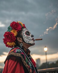 Elegant masked dancer enjoys a cigar amidst vibrant Dia de Los Muertos celebration