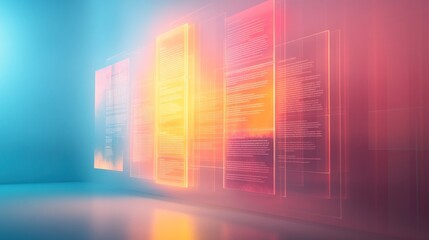 Glowing digital code panels in room.