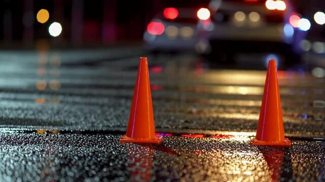 Traffic cones on wet road under police lights, night safety concept, emergency response, security during festive events