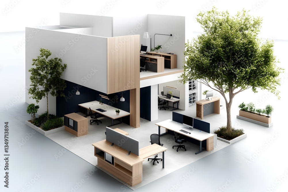 Poster digital schematic of a sophisticated open plan office blueprint featuring modular desks collaborativ