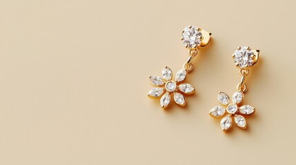 Chandelier earrings with sparkling floral motifs and diamonds, isolated on a smooth beige surface