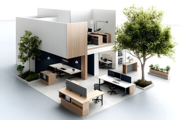 Digital schematic of a sophisticated open plan office blueprint featuring modular desks collaborative zones advanced lighting system