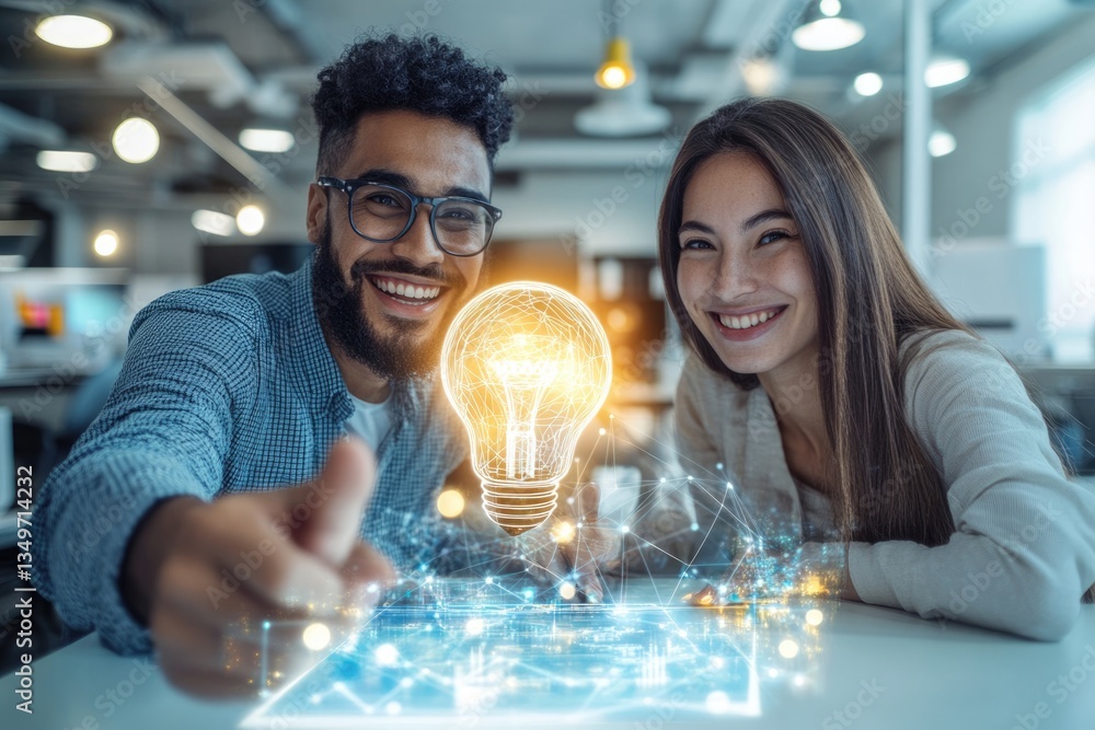 Poster two smiling colleagues collaborate on a innovative project, visualized by a glowing lightbulb and di