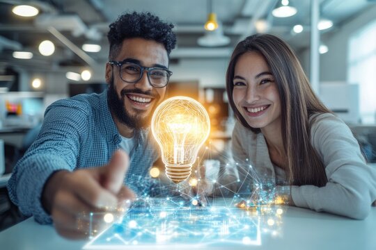 Two smiling colleagues collaborate on a innovative project, visualized by a glowing lightbulb and digital interface.