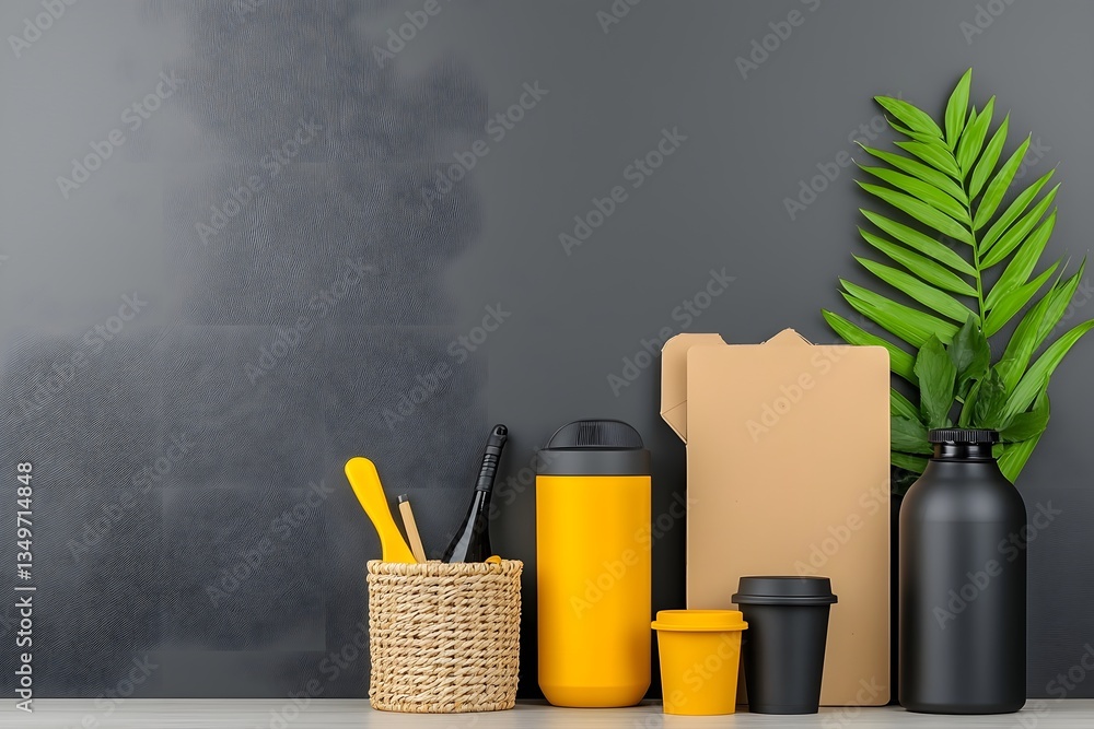 Poster Diverse selection of storage containers in different forms from cardboard crates to wicker baskets and sleek metal bins stylishly arranged on a light wooden table