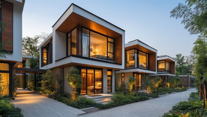 Fototapeta premium Modern villas, twilight, resort, garden, walkway, illuminated, architecture, luxury, vacation, real estate