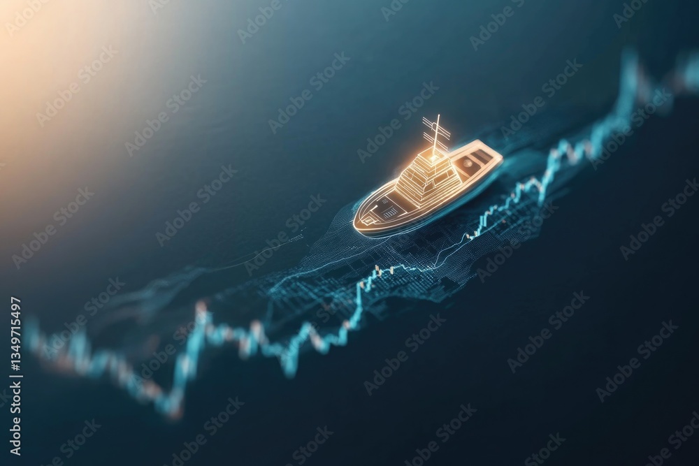 Poster glowing holographic ship sailing on virtual ocean of data with financial charts forming waves around