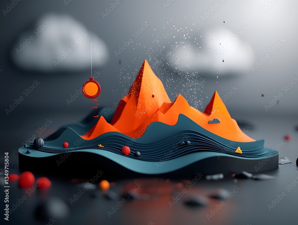 Poster dramatic mountainous landscape with a flowing rainfall pattern map fluid geospatial data visualizati