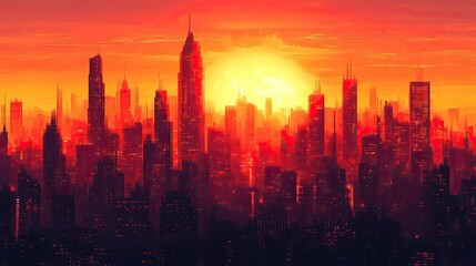 Fototapeta premium Fiery Sunset Cityscape, Epic, Digital Art