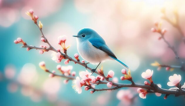 Oiseau bleu et fleurs en harmonie, symbole de libert&eacute;, de joie et de beaut&eacute;, associ&eacute;s &agrave; des fleurs d&eacute;licates